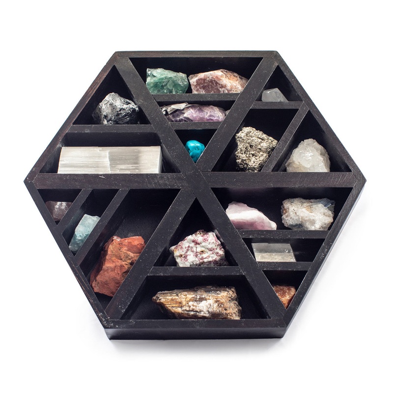 Wooden Hexagon Shelf with Crystals