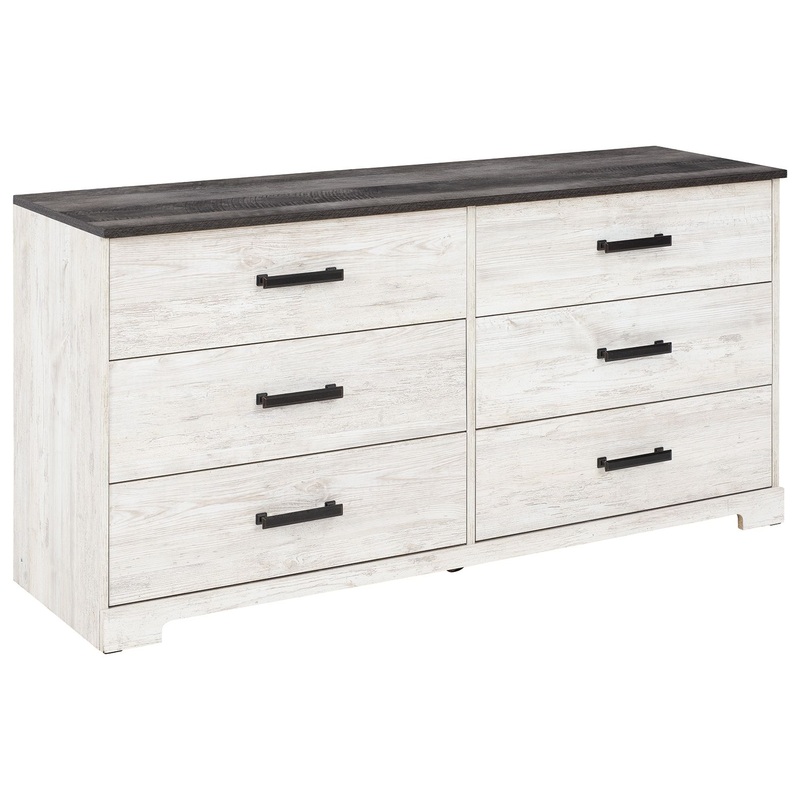 Shawburn – White / Black / Gray – Six Drawer Dresser – Pewter-tone pulls