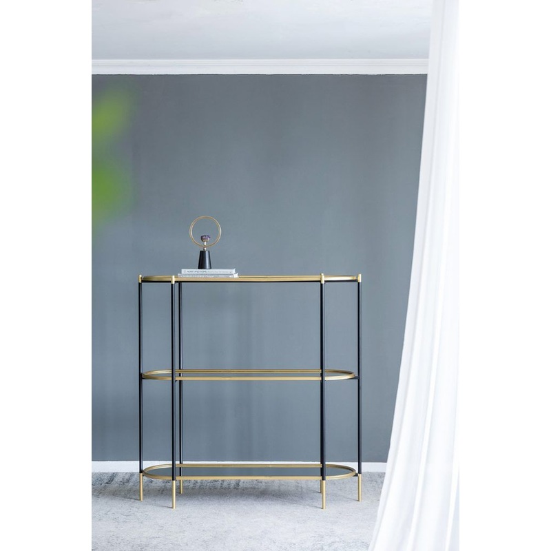 3 Tier Metal Console Table, Mirrored Shelf – Golden Black