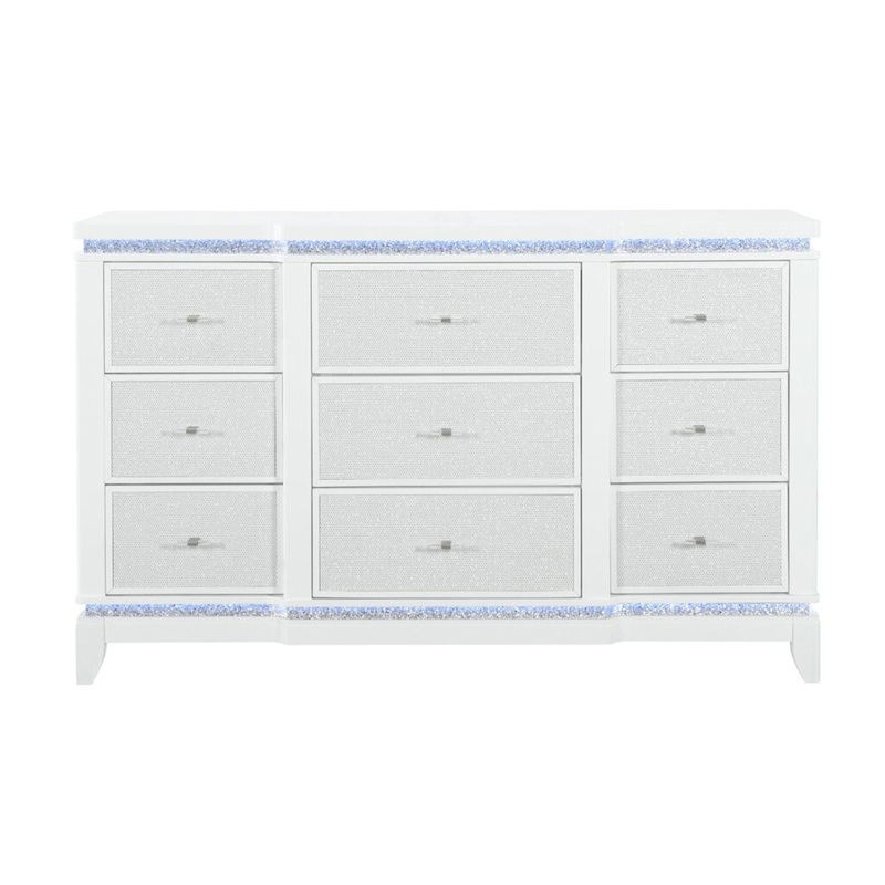 Adalid – Dresser With LED Light And Glittered Drawer Fronts – White