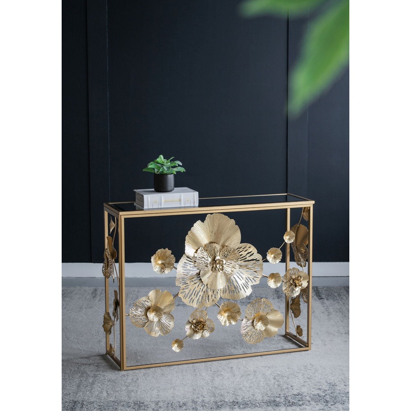 Console Table With Mirrored Glass Top, Modern Entryway Table For Living Room Foyer Entryway – Gold