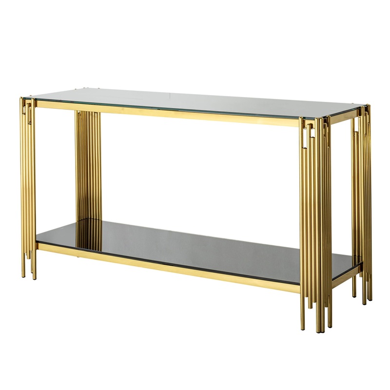 Modern Glass Top Mirror Stainless Steel Console Table For Living Room, Tempered Glass – Black / Gold