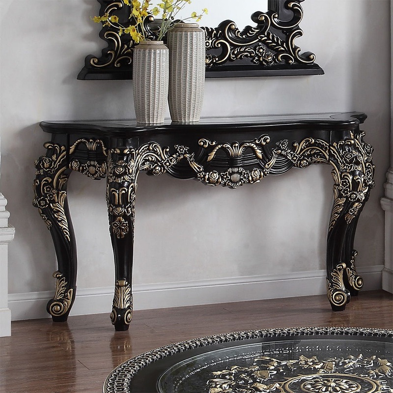 HD-328B – Console Table – Black Enamel With Gold Highlights