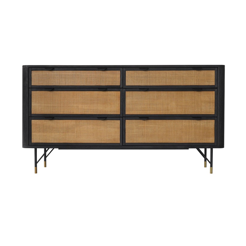 Saratoga – 6 Drawer Dresser With Rattan – Black Acacia