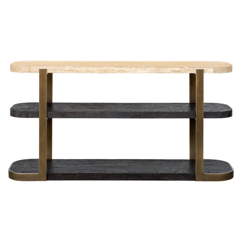 Avalon – Console Table – Bronze Metal Frame With Travertine & Espresso