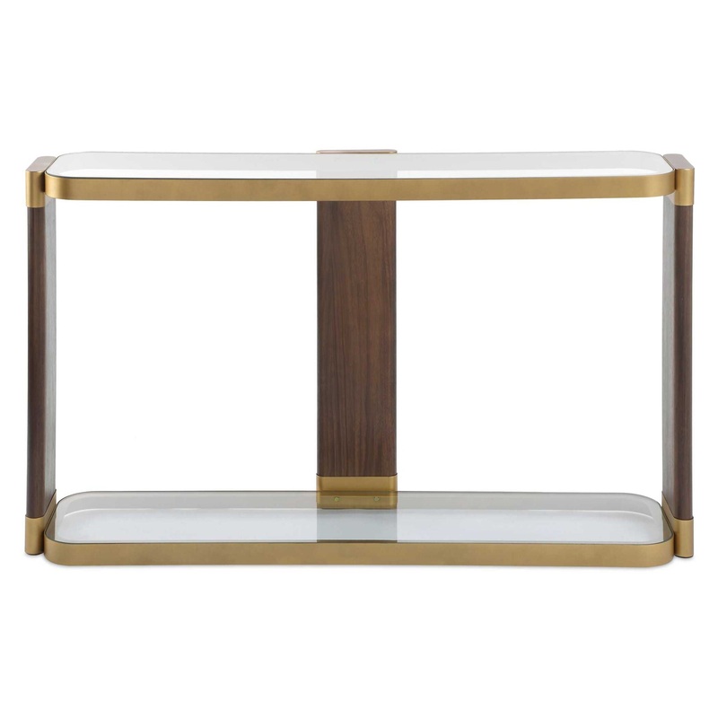Ryles – Glass Console Table – Brass / Brown / Woodtone