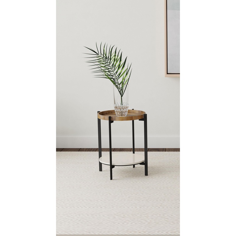 Adhvik Round Accent Table with Marble Shelf Natural and Black