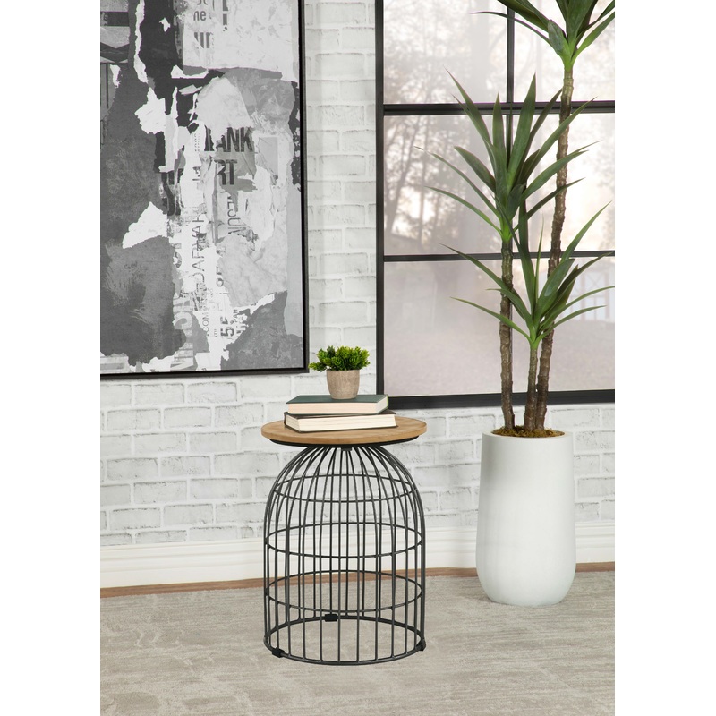 Bernardo Round Accent Table with Bird Cage Base Natural and Gunmetal