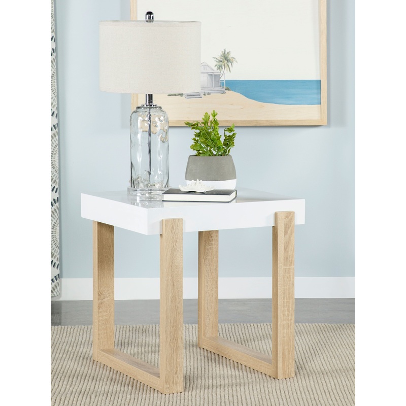 Pala Rectangular End Table with Sled Base White High Gloss and Natural